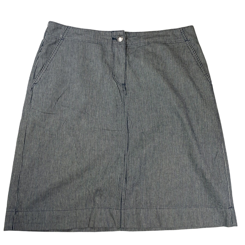 Talbots Pinstripe Skirt Womens Navy Blue White Denim Cotton A-Line Size 10